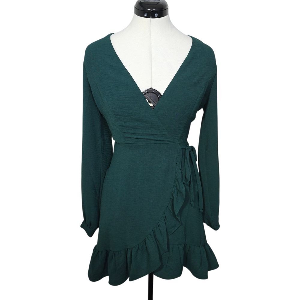 Altar'd State Emerald Green Faux Wrap Dress Size Small Chiffon Romantic Coquette
